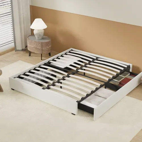 Lit 160 x 200 cm avec tiroirs, sommier à lattes en bois, cadre en tissu blanc