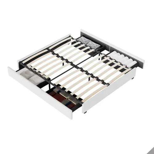 Lit 160 x 200 cm avec tiroirs, sommier à lattes en bois, cadre en tissu blanc