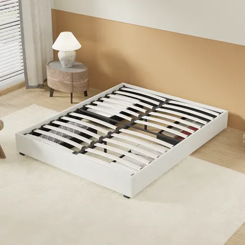 Lit 160 x 200 cm avec tiroirs, sommier à lattes en bois, cadre en tissu blanc