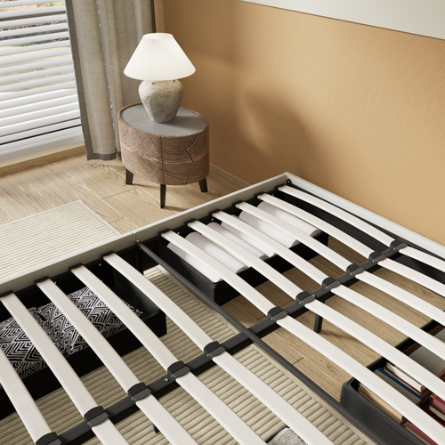 Lit 160 x 200 cm avec tiroirs, sommier à lattes en bois, cadre en tissu blanc