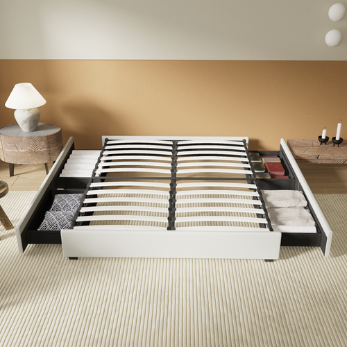 Lit 140 x 200 cm avec tiroirs, sommier à lattes en bois, cadre en tissu blanc