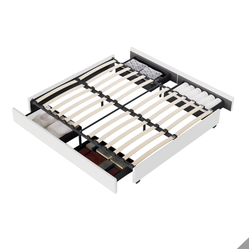 Lit 140 x 200 cm avec tiroirs, sommier à lattes en bois, cadre en tissu blanc