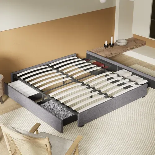 Lit 120 x 190 cm avec tiroirs, Sommier à lattes en bois, Cadre en tissu Gris