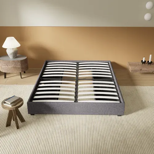 Lit 120 x 190 cm avec tiroirs, Sommier à lattes en bois, Cadre en tissu Gris