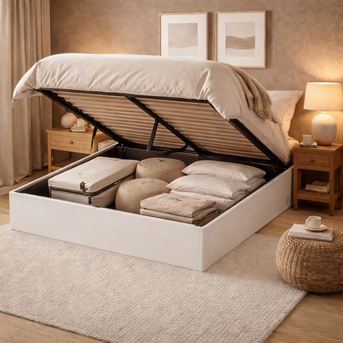 Lit Coffre 140 X 190 Cm, Sommier à Lattes En Bois, Cadre En Tissu Blanc