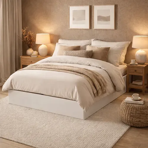 Lit Coffre 140 X 190 Cm, Sommier à Lattes En Bois, Cadre En Tissu Blanc