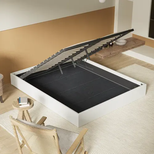 Lit Coffre 120 X 190 Cm, Sommier à Lattes En Bois, Cadre En Tissu Blanc Crème