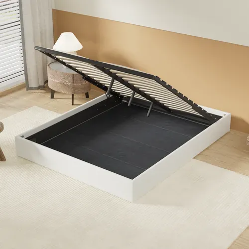 Lit Coffre 120 X 190 Cm, Sommier à Lattes En Bois, Cadre En Tissu Blanc Crème