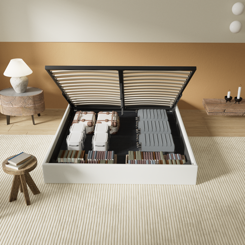 Lit Coffre 120 X 190 Cm, Sommier à Lattes En Bois, Cadre En Tissu Blanc Crème