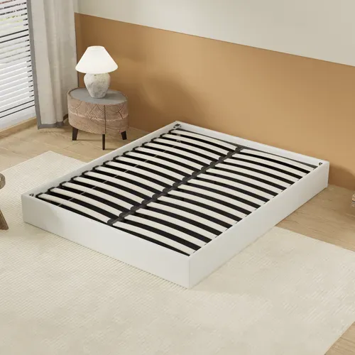 Lit Coffre 120 X 190 Cm, Sommier à Lattes En Bois, Cadre En Tissu Blanc Crème