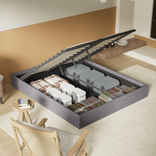 Lit Coffre 140 X 190 Cm, Sommier à Lattes En Bois, Cadre En Tissu Gris