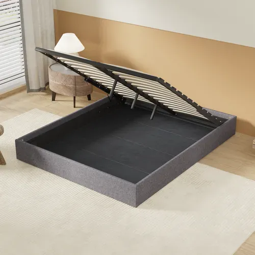 Lit Coffre 140 X 190 Cm, Sommier à Lattes En Bois, Cadre En Tissu Gris
