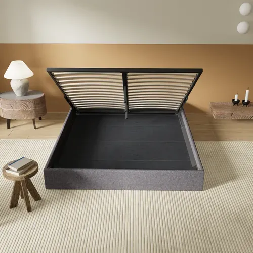 Lit Coffre 140 X 190 Cm, Sommier à Lattes En Bois, Cadre En Tissu Gris
