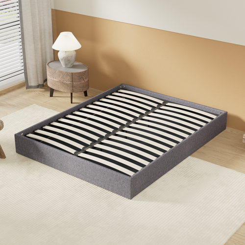 Lit Coffre 140 X 190 Cm, Sommier à Lattes En Bois, Cadre En Tissu Gris