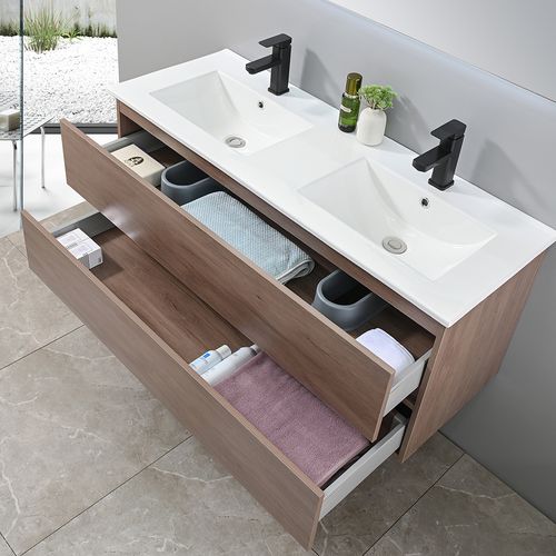 Meuble De Salle De Bain Double Vasque 120cm Bois Foncé Avec Miroir LED