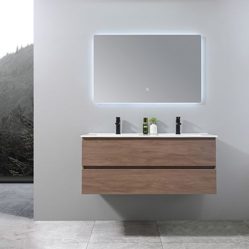 Meuble De Salle De Bain Double Vasque 120cm Bois Foncé Avec Miroir LED