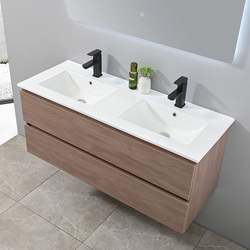 Meuble De Salle De Bain Double Vasque 120cm Bois Foncé Avec Miroir LED