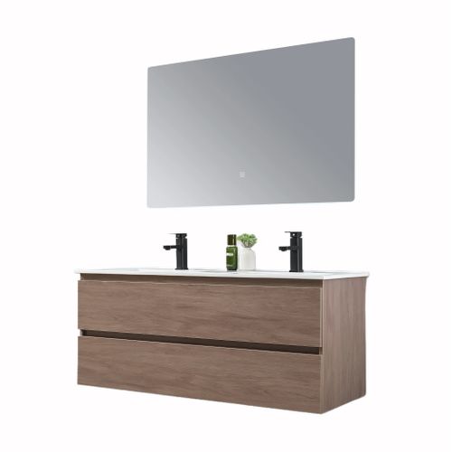 Meuble De Salle De Bain Double Vasque 120cm Bois Foncé Avec Miroir LED