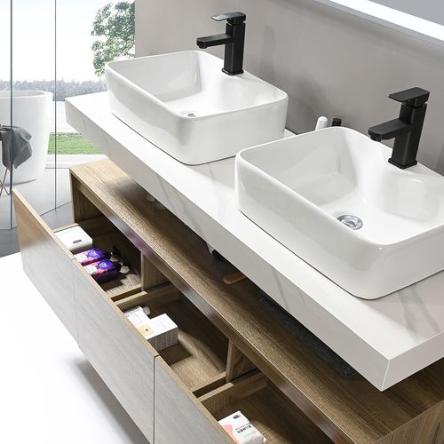 Meuble De Salle De Bain Double Vasque 140cm Bois Et Effet Marbre Avec Miroir LED