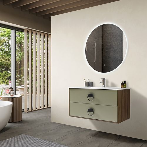 Meuble De Salle De Bain Simple Vasque 100cm Bois Et Vert Avec Miroir LED