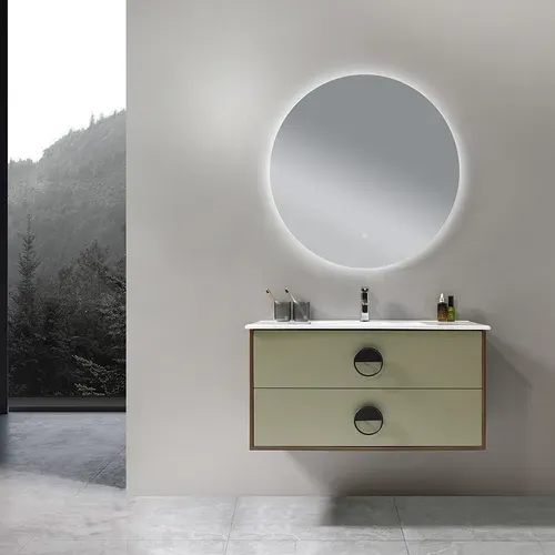 Meuble De Salle De Bain Simple Vasque 100cm Bois Et Vert Avec Miroir LED