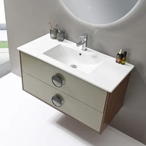 Meuble De Salle De Bain Simple Vasque 100cm Bois Et Vert Avec Miroir LED