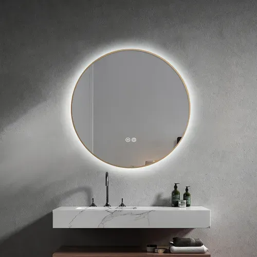 Miroir De Salle De Bain LED à Luminosité Variable 60cm Rond Avec Cadre En Aluminium Doré