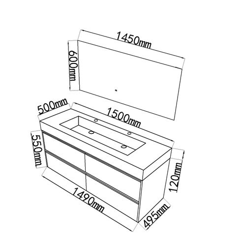 Meuble De Salle De Bain Double Vasque 150cm Gris Et Noir Avec Miroir LED