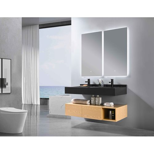 Meuble De Salle De Bain Double Vasque 150cm Bois Et Noir Avec Miroir LED