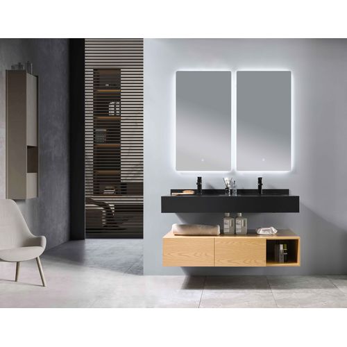 Meuble De Salle De Bain Double Vasque 150cm Bois Et Noir Avec Miroir LED