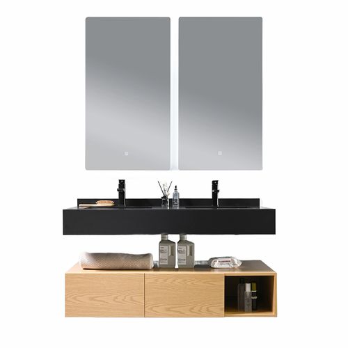 Meuble De Salle De Bain Double Vasque 150cm Bois Et Noir Avec Miroir LED