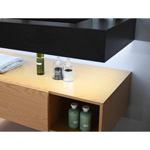 Meuble De Salle De Bain Double Vasque 150cm Bois Et Noir Avec Miroir LED