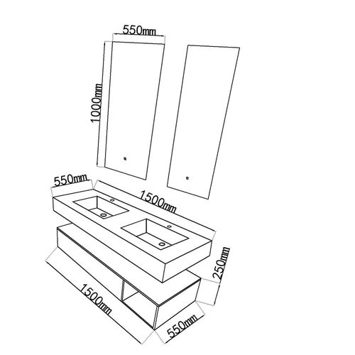 Meuble De Salle De Bain Double Vasque 150cm Bois Et Noir Avec Miroir LED