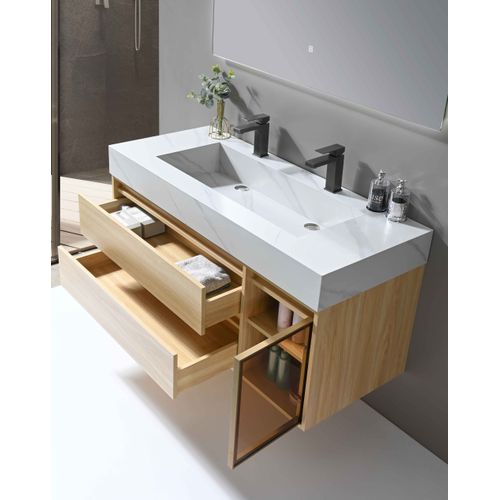 Meuble De Salle De Bain Double Vasque 120cm Bois Et Blanc Effet Marbre Avec Miroir LED