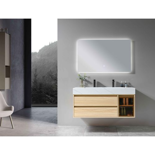 Meuble De Salle De Bain Double Vasque 120cm Bois Et Blanc Effet Marbre Avec Miroir LED