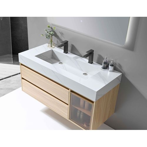 Meuble De Salle De Bain Double Vasque 120cm Bois Et Blanc Effet Marbre Avec Miroir LED