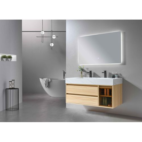 Meuble De Salle De Bain Double Vasque 120cm Bois Et Blanc Effet Marbre Avec Miroir LED