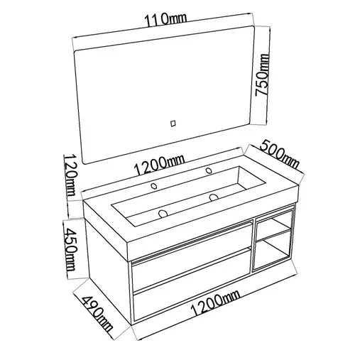 Meuble De Salle De Bain Double Vasque 120cm Bois Et Blanc Effet Marbre Avec Miroir LED