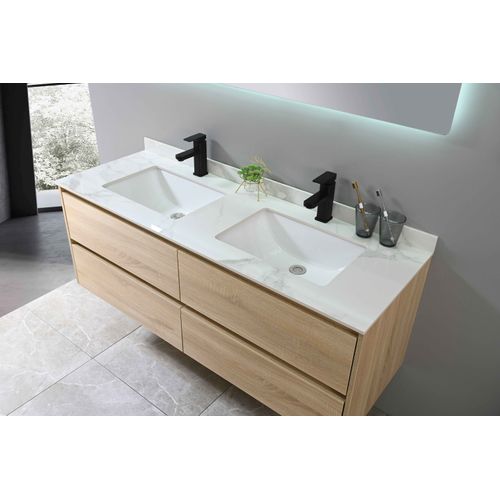 Meuble De Salle De Bain Double Vasque 140cm Bois Et Blanc Effet Marbre Avec Miroir LED