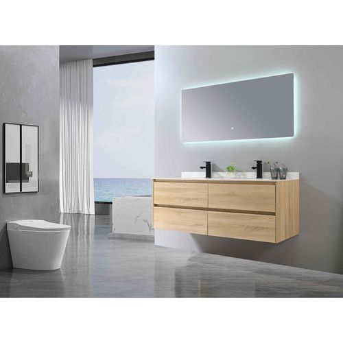 Meuble De Salle De Bain Double Vasque 140cm Bois Et Blanc Effet Marbre Avec Miroir LED