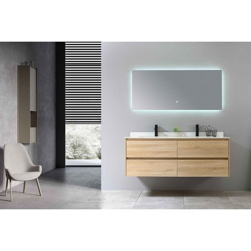 Meuble De Salle De Bain Double Vasque 140cm Bois Et Blanc Effet Marbre Avec Miroir LED