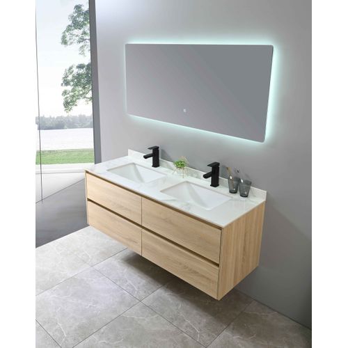 Meuble De Salle De Bain Double Vasque 140cm Bois Et Blanc Effet Marbre Avec Miroir LED