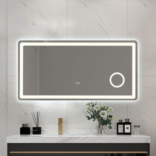 Miroir Salle De Bain LED 120x60cm Anti Buée Avec LED 3 Couleurs Et Loupe X3 Lb-3612