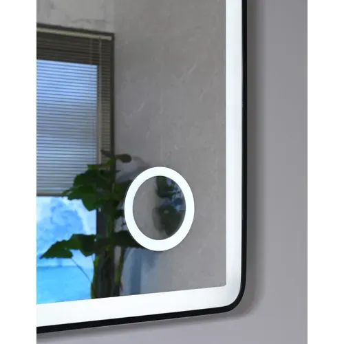 Miroir Salle De Bain LED 50x70cm Avec Cadre En Aluminium Noir Et Loupe Grossissante X3