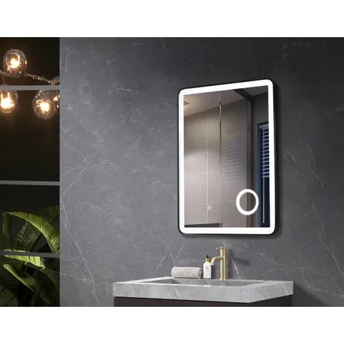 Miroir Salle De Bain LED 50x70cm Avec Cadre En Aluminium Noir Et Loupe Grossissante X3