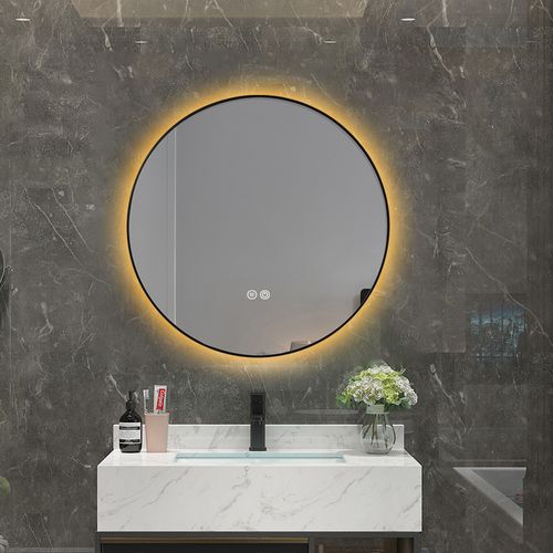 Miroir Salle De Bain LED Rond 90cm Anti Buée Avec Cadre Noir Lb-4647ba