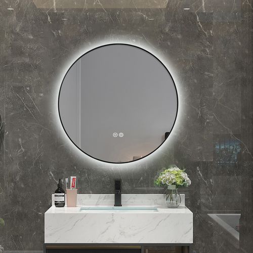 Miroir Salle De Bain LED Rond 80cm Anti Buée Avec Cadre Noir Lb-4647ba