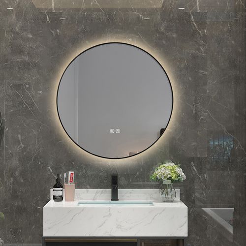 Miroir Salle De Bain LED Rond 80cm Anti Buée Avec Cadre Noir Lb-4647ba