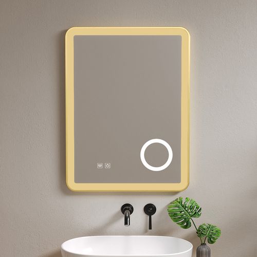 Miroir Salle De Bain LED 60x80 Anti Buée Avec Cadre En Aluminium Doré Et Loupe X3 Lb-4685g