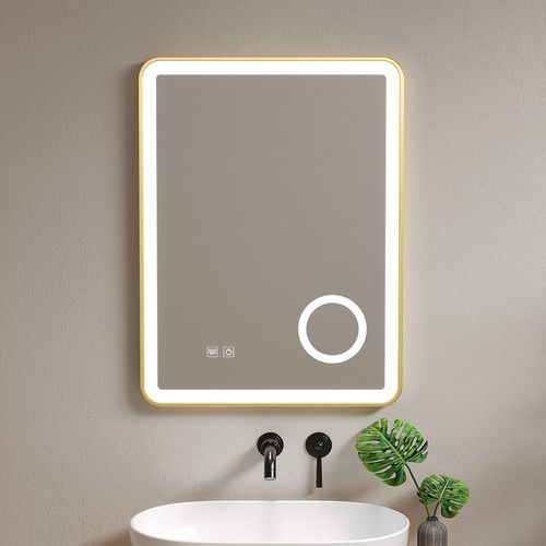 Miroir Salle De Bain LED 60x80 Anti Buée Avec Cadre En Aluminium Doré Et Loupe X3 Lb-4685g